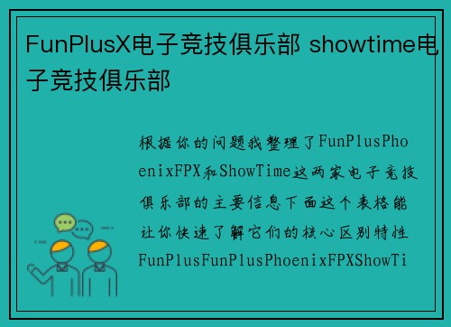 FunPlusX电子竞技俱乐部 showtime电子竞技俱乐部